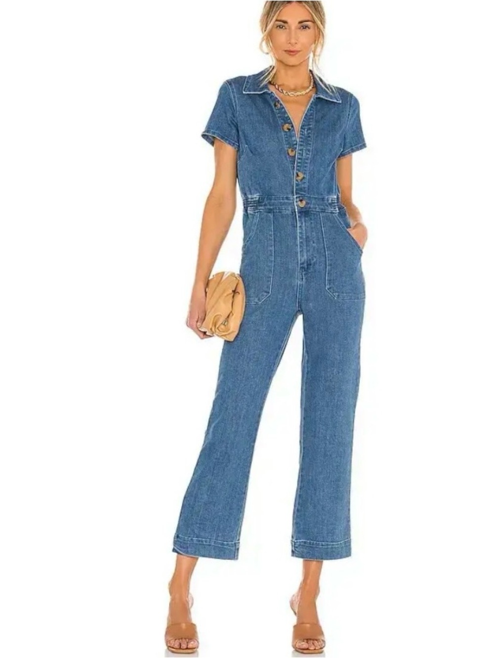 Show Me Your MuMu Blue Denim Short-Sleeve Jumpsuit